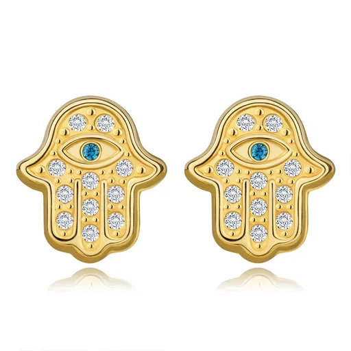 Náušnice zo žltého zlata 585 - Hamsa so zirkónmi, oko so syntetickým akvamarínom