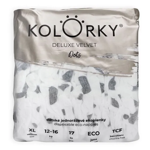 KOLORKY DELUXE VELVET jednorazové EKO plienky so zamatovým povrchom bodky XL (12-16 kg) 17 kusov