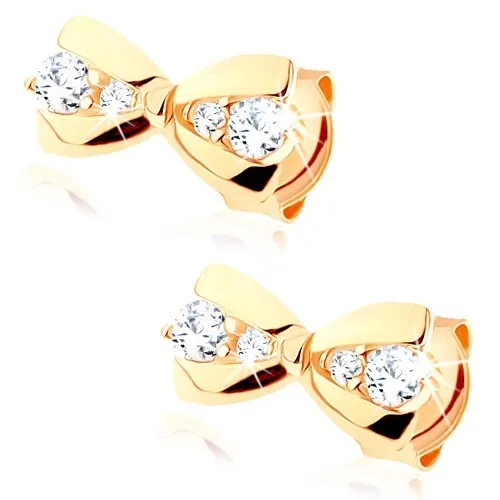 Zlaté náušnice 9K v tvare mašle s čírymi okrúhlymi zirkónmi