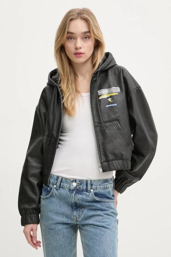 Kožená bunda Moschino Jeans dámska, čierna farba, prechodná, oversize, 3707 3216