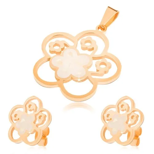 Set z ocele zlatej farby, náušnice a prívesok, vyrezávaný kvet s perleťou