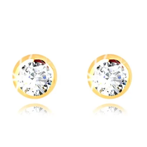 Zlaté 9K náušnice - trblietavý číry zirkón v okrúhlej tenkej objímke, puzetky