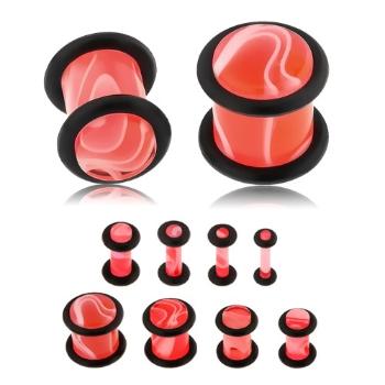 Akrylový plug do ucha ružovej farby, mramorový vzor, dve čierne gumičky - Hrúbka: 8 mm