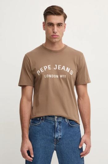 Bavlnené tričko Pepe Jeans ALDRIDGE pánske, hnedá farba, s potlačou, PM509628