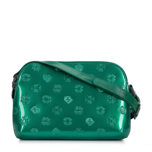 Dámska lakovaná kožená kabelka cez rameno s monogramom zelená 34-4-099-00
