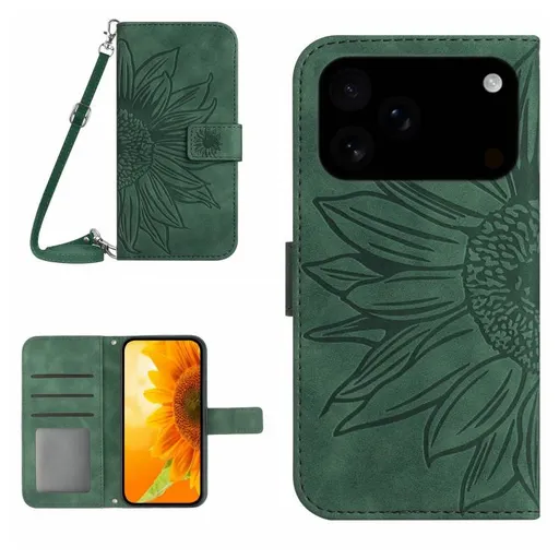 ART SUNFLOWER Peňaženkový kryt so šnúrkou pre Apple iPhone 17 Pro Max zelený