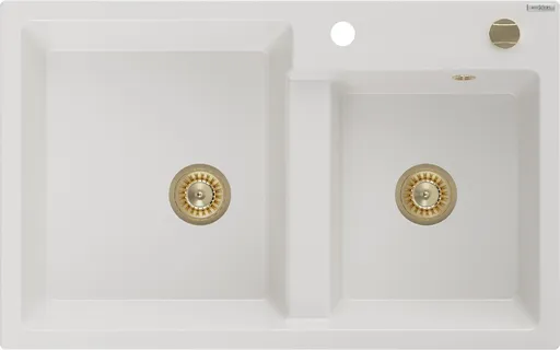 MEXEN/S MEXEN/S - Tomas granitový drez 2-bowl 800x500 mm, biela, + zlatý sifón 6516802000-20-G