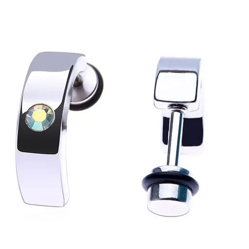 Oceľový fake piercing do ucha - lesklý pás s dúhovým zirkónom