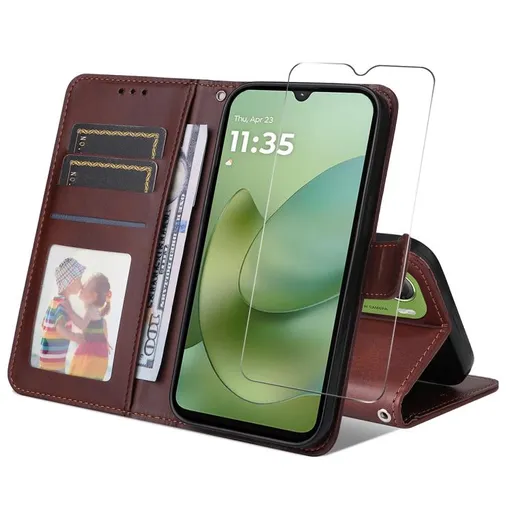 ENKAY PREMIUM SET Peňaženkové puzdro a ochranné sklo Motorola Moto G06 / G06 Power hnedé