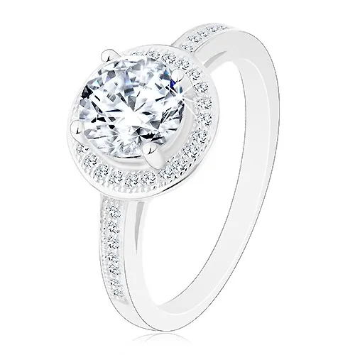 Strieborný 925 prsteň, číry okrúhly zirkón s čírym lemom, zdobené ramená - Veľkosť: 48 mm