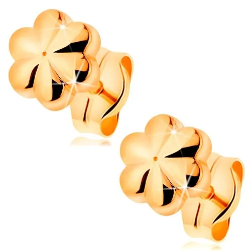 Puzetové náušnice zo žltého 14K zlata - malý lesklý kvietok so zárezmi