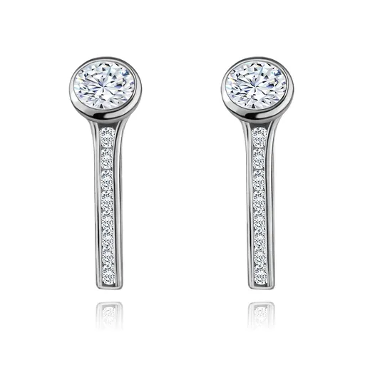 Náušnice z bieleho 14K zlata - okrúhly číry zirkón, zvislá trblietavá línia