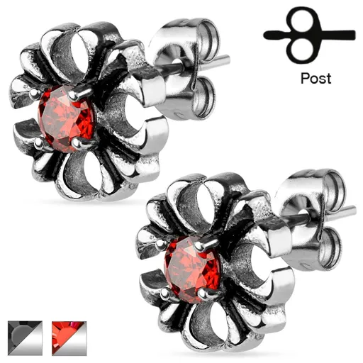 Náušnice z ocele 316L - patinovaný ľaliový kríž s okrúhlym zirkónom - Farba: Červená