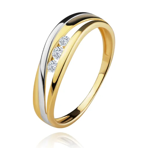 Briliantový prsteň zo 14K zlata, zvlnené dvojfarebné línie ramien, tri číre diamanty - Veľkosť: 54 mm