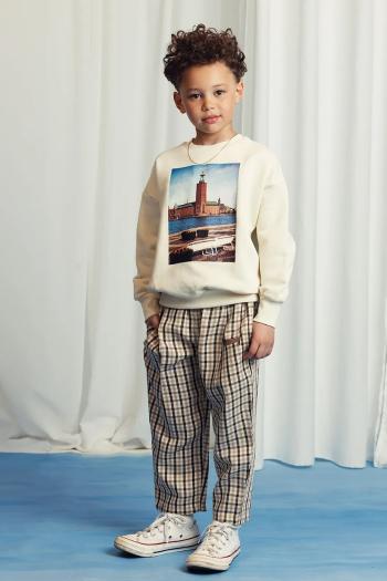 Detské nohavice Mini Rodini Gingham béžová farba, vzorované, 2523016113