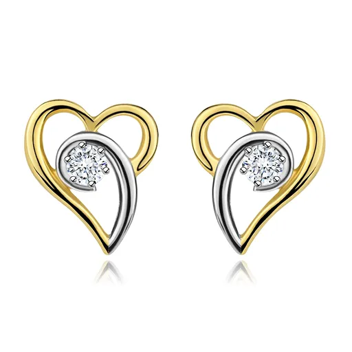 Zlaté 9K náušnice s asymetrickým srdcom, bielou slučkou a zirkónom