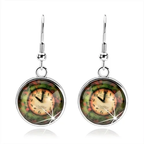 Okrúhle náušnice - kabošon, vypuklá glazúra, hodinky na farebnom podklade