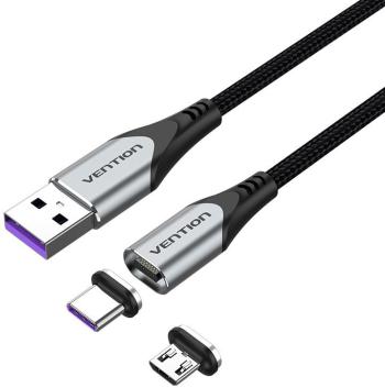 Adatkábel Vention 2-in-1 USB 2.0 to Micro + USB-C Male Magnetic Cable 5A 0.5m Gray Aluminum Alloy Type