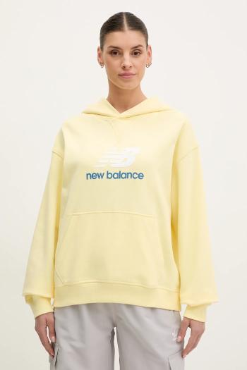 Bavlnená mikina New Balance dámska, žltá farba, s kapucňou, s potlačou, WT51501PRC