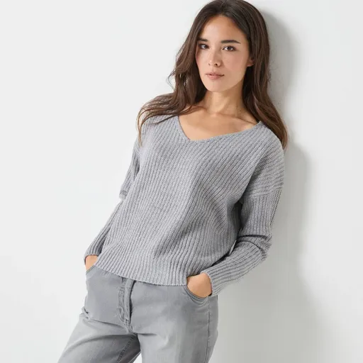 Voľný pulóver s hladkým vzorom a výstrihom do V, mohérový na dotyk