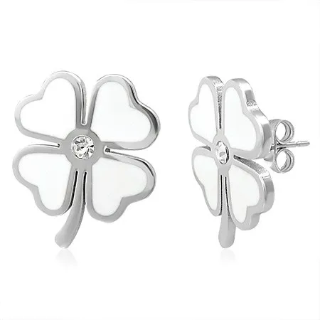 Náušnice z ocele 316L, biely glazúrovaný štvorlístok pre šťastie