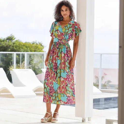 Krepónové midi šaty s potlačou a zavinovacím výstrihom