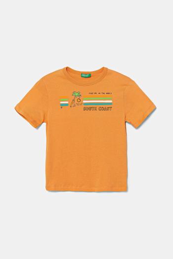 Detské bavlnené tričko United Colors of Benetton oranžová farba, s potlačou, 3I1XG10JM