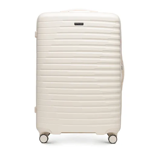 Veľký polykarbonátový kufor s horizontálnymi rebrami, krémový 56-3P-613-88