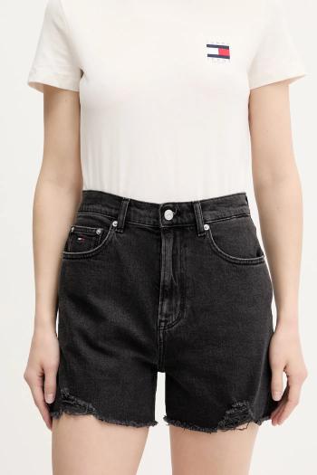 Rifľové krátke nohavice Tommy Jeans čierna farba, jednofarebné, vysoký pás, DW0DW21381