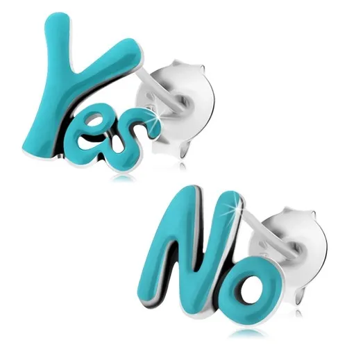 Puzetové náušnice, striebro 925, nápisy Yes a No, svetlomodrá glazúra, patina