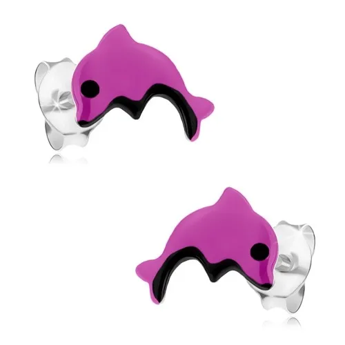 Strieborné náušnice 925, malý fialový delfín, čierne očko a bruško, glazúra