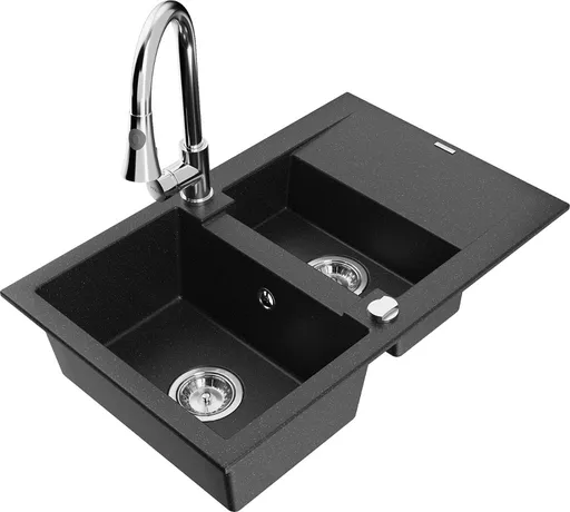 MEXEN/S MEXEN/S - Gaspar granitový drez 1.5 s odkvapkávačom vrátane batérie Elia, čierna/strieborná metalík 6507-73-670101-00