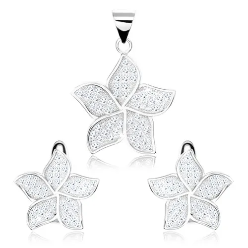 Strieborný 925 set - náušnice a prívesok, trblietavý kvietok, zirkóny