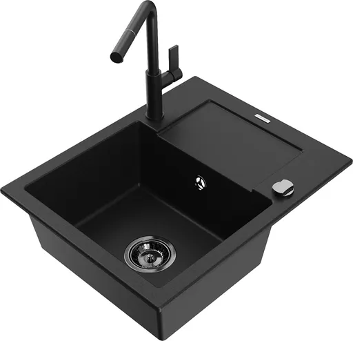 MEXEN/S MEXEN/S - Enzo granitový drez 1-miska s odkvapkávačom vrátane batérie Flora, čierna 6506-77-670401-70-B