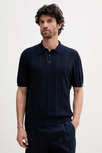 Polo tričko s prímesou ľanu United Colors of Benetton tmavomodrá farba, jednofarebné, 115GK301G