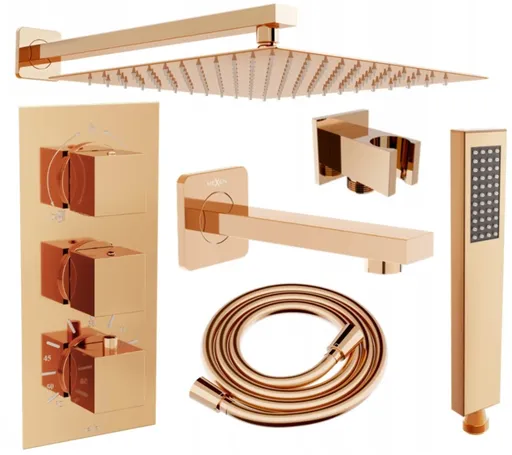 MEXEN/S - Cube DR02 podomietkový vaňový SET s vytokovou hubicou + slim sprcha 25, ružové zlato 77503DR0225-60