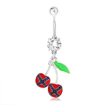 Oceľový piercing do pupka, čerešničky, vlajka konfederácie, zelený list