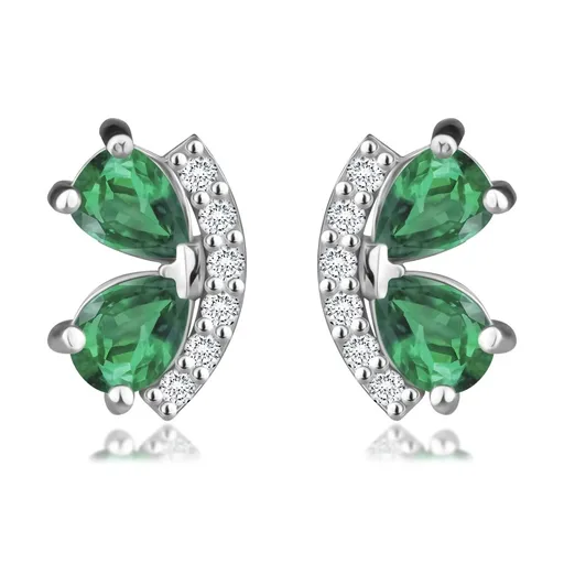 Náušnice z bieleho 14K zlata - oblúk so zirkónmi, zelené kamienky, slzy