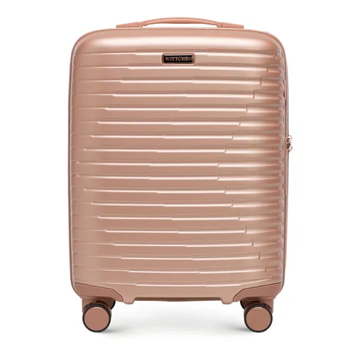 Polykarbonátový príručný kufor s ružovo-zlatým horizontálnym rebrovaním 56-3P-611-77G