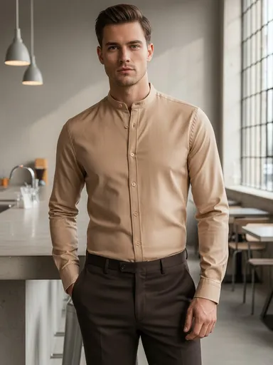 Béžová pánska košeľa na voľný čas so stojačikom Dstreet DX2601