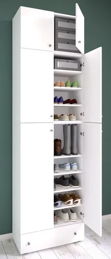 VCM Botník Lona XXL s 9 přihrádkami, otočné dveře s nástavcem a zásuvkou, bílý