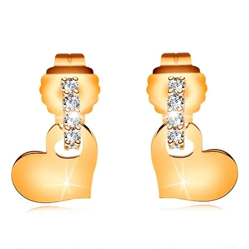 Náušnice zo žltého 14K zlata - číry zirkónový oblúk, lesklé ploché srdiečko