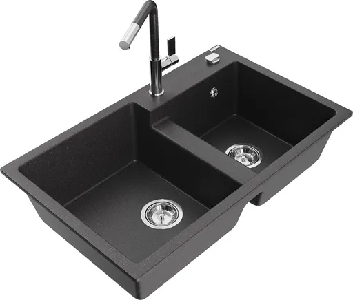 MEXEN/S MEXEN/S - Tomas granitový drez 2-bowl vrátane batérie Flora, čierna kropenatá 6516-76-670401-08