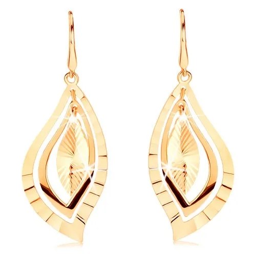 Náušnice v žltom 14K zlate - ligotavé lístočky zdobené lúčovitými ryhami