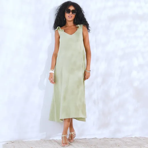 Dlhé šaty z mušelínu s volánikmi na pleciach