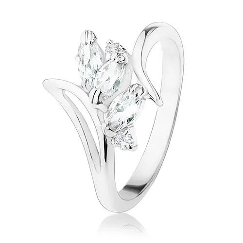 Prsteň so zahnutými ramenami a výrezom, číre zrnkové a okrúhle zirkóny - Veľkosť: 55 mm