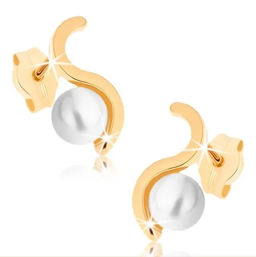 Zlaté náušnice 9K s kultivovanou perlou a zvlnenou líniou