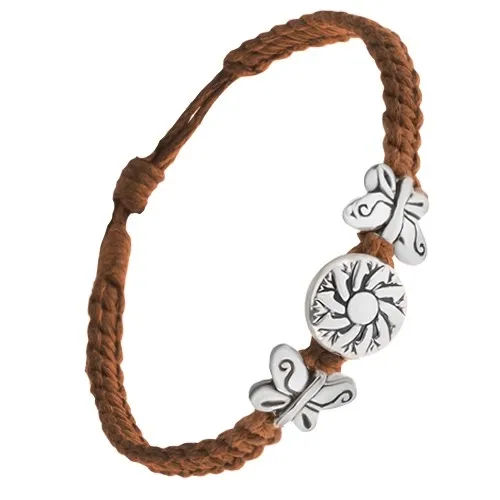 Náramok z čokoládovohnedých šnúrok, motýle, známka s kvetom