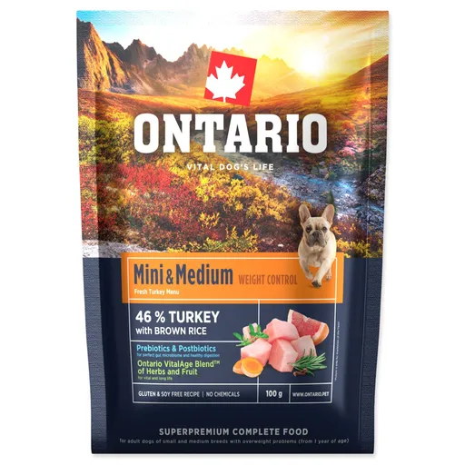 Vzorka Ontario Mini  & Medium Weight Control Turkey & Brown Rice 0,1kg