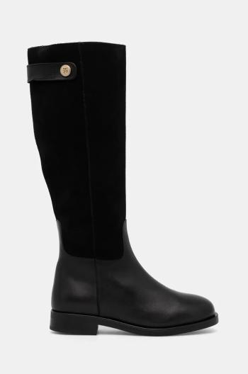 Kožené čižmy Tommy Hilfiger TH STUD LEATHER MIX LONG BOOT dámske, čierna farba, na plochom podpätku, FW0FW08341